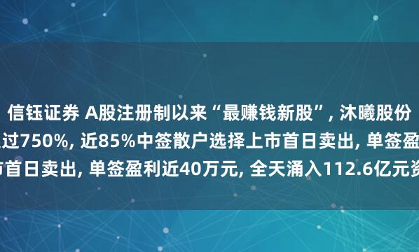 信钰证券 A股注册制以来“最赚钱新股”, 沐曦股份上市不到一小时大涨超过750%, 近85%中签散户选择上市首日卖出, 单签盈利近40万元, 全天涌入112.6亿元资金接盘!